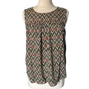Sonoma Sleeveless Boho Blouse  Olive‎ Green White Coral Geometric Print Sz Large